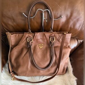 MCM Tan Leather Tote with Gold Accents